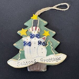 Vintage Seasons Greetings Tree & Snowmen Wood Ornament